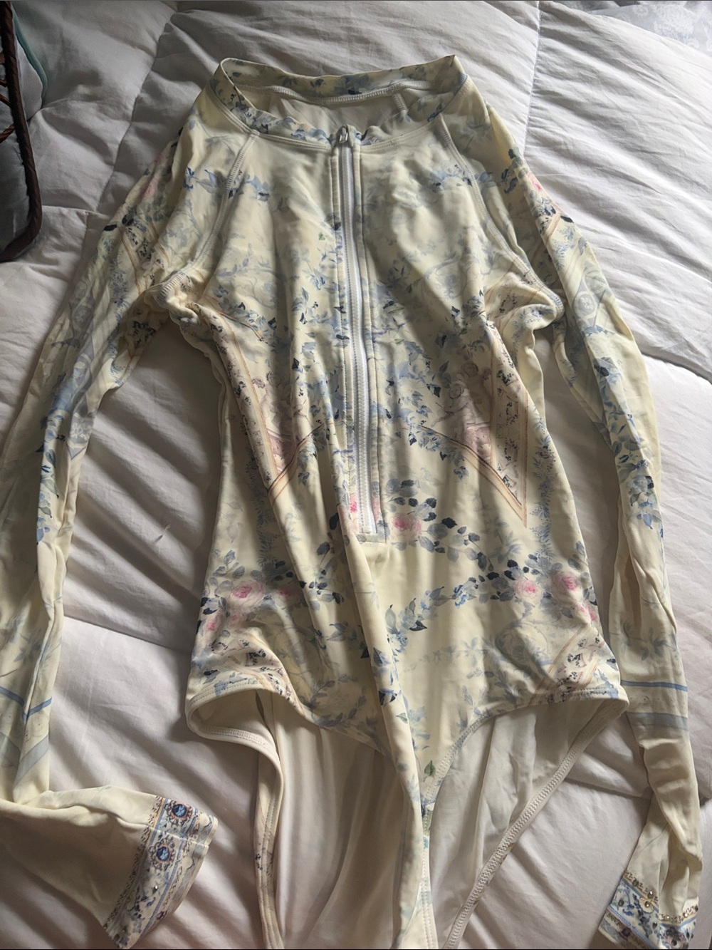Camilla Cream Floral Zip-Front Long-Sleeve Swim Bodysuit